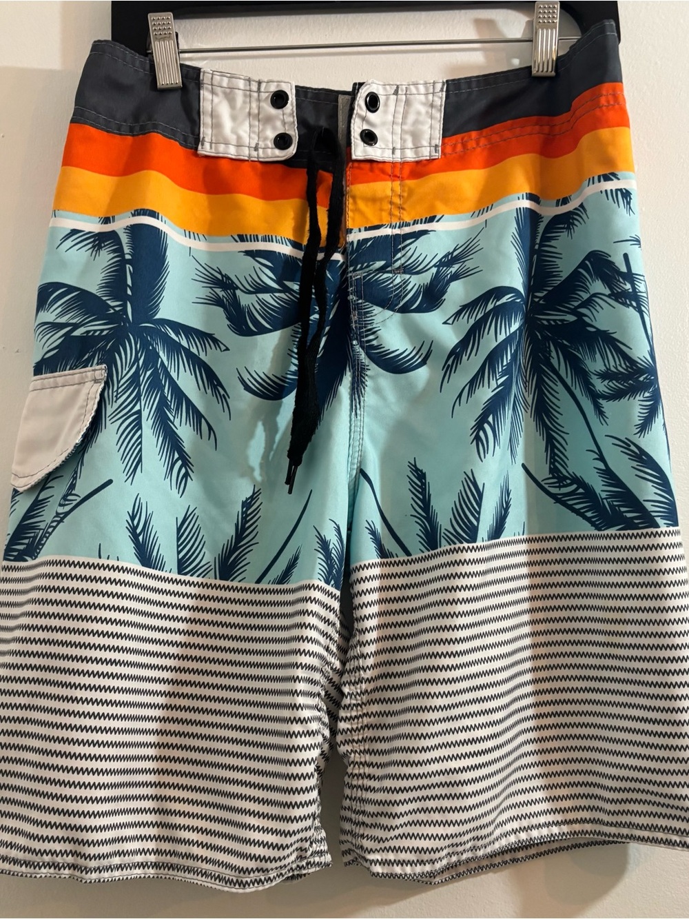 Men's Beach Wear Tropical Stripe Swim Shorts in Aqua with Orange Accent